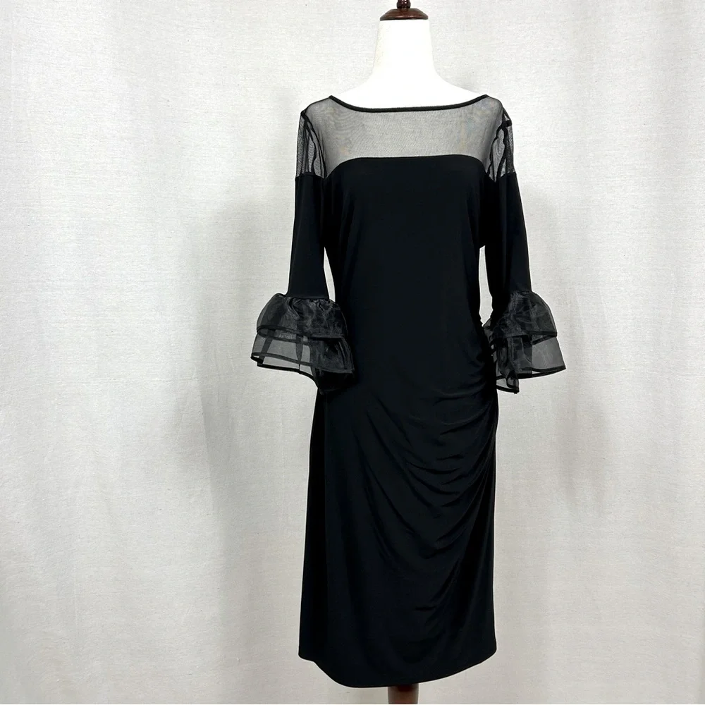 MARINA Black Illusion Yoke Bell Sleeve Sheath Dress Size 10